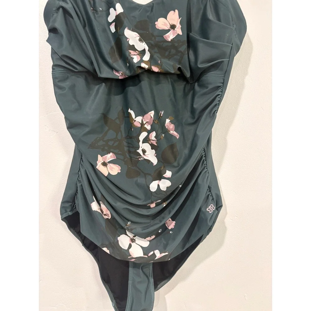 Albion Fit Maria One Piece Swimsuit XXL Forest Green Floral Ruched Square Neck
